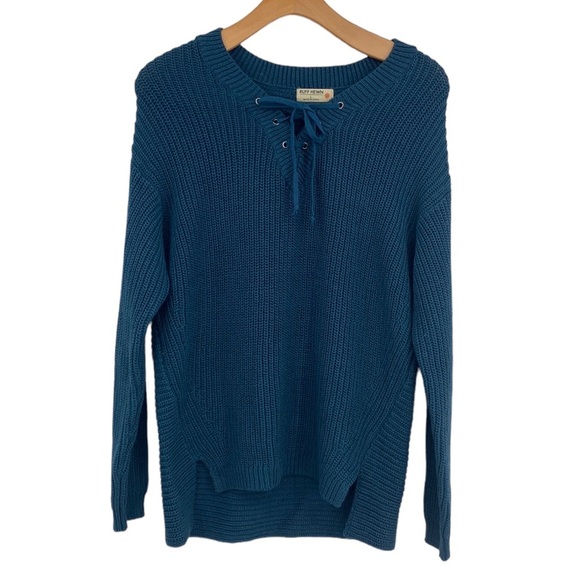 Ruff Hewn Sweaters - Ruff Hewn Sweater Womens Large Teal Blue Lace‎ Up Ribbed Long Sleeve Knit